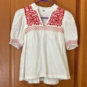 Free People White Blouse with Red Embroidery LIKE NEW 100% cotton